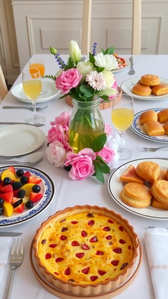 A brunch table with quiche, fruit salad, pastries, and mimosas, elegantly set for guests.
